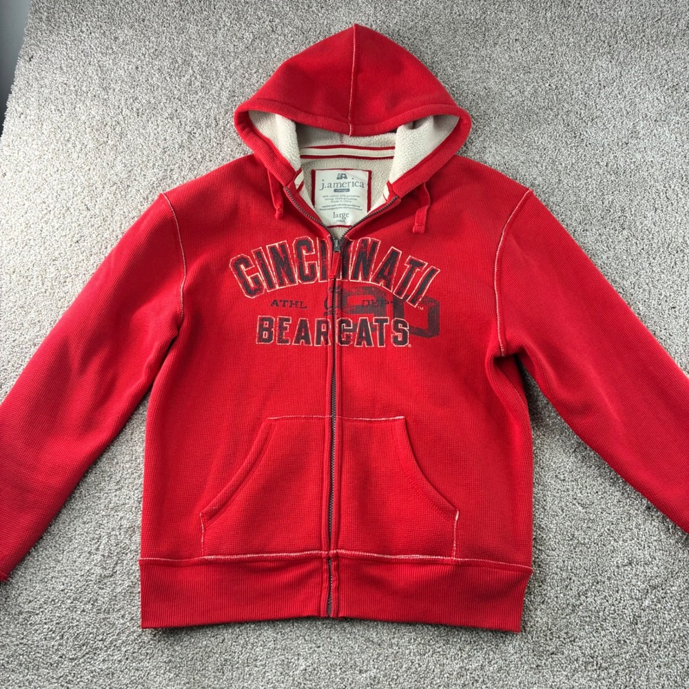 J. America Cincinnati Bearcats NCAA Red Full Zip Thermal Lined Hoodie‎ Large